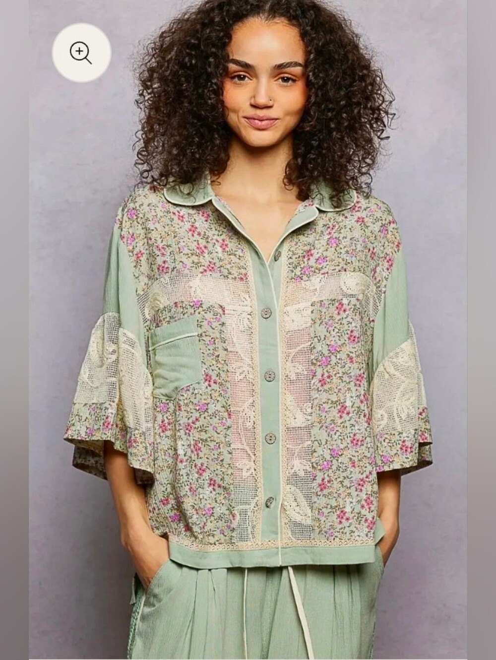 POL Mint Floral Lace Panel Button-Down Top